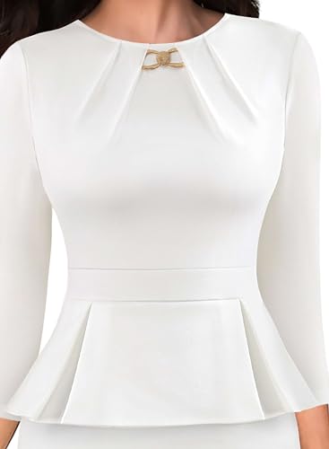 VFSHOW Womens Pleated Crew Neck Peplum Office Business Back Split Work Church Slim Fit Knee Length Bodycon Pencil Dress3