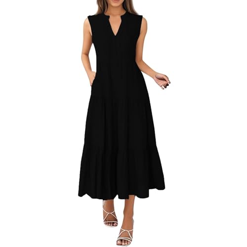 Vestidos de verano para mujer, color liso, sin mangas, cuello en V, playa, vacaciones, tarro, vestido de lino, a la moda, Negro, 3XL