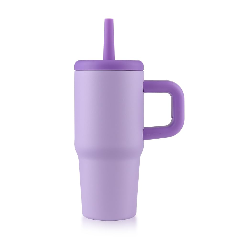wedrink 14oz Stainless Steel Travel Mug with Handle & Silicone Straw, Double-Wall Insulated Coffee Cup for Home Office Camping, Leak-Proof Lid Included (Purple)