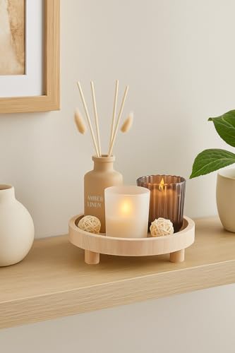 New Amber Linen Scented Candle and Diffuser Set on Decorative Wooden Footed Tray A Sophisticated Home Fragrance Gift Set Ideal for Living Rooms Bedrooms & Entryways A12