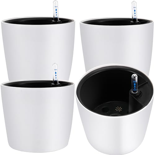 JOIKIT 4 Pack 7 Inches Self Watering Planter, White Plant Flower Pots with Water Level Indicator, Self Watering Pots for Indoor & Outdoor Succulents Plants Herb Garden