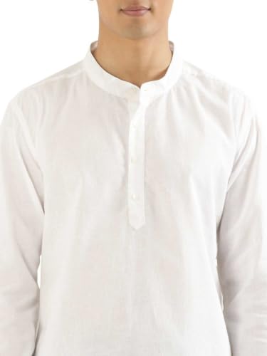 Image of SAADAA Men's Short Kurta - Linen Cotton Blend, Airy Fabric, Regular Fit, Mandarin Collar, Solid Color - Casual, Festive & Ethnic Wear