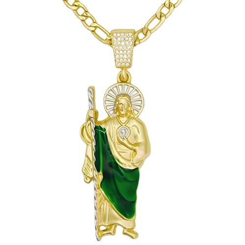 Saint Jude Pendant Necklace Charm Pendant Layering Gold Plated 23.6 inch Figaro Chain Trendy Gift Christian Catholic (Green)