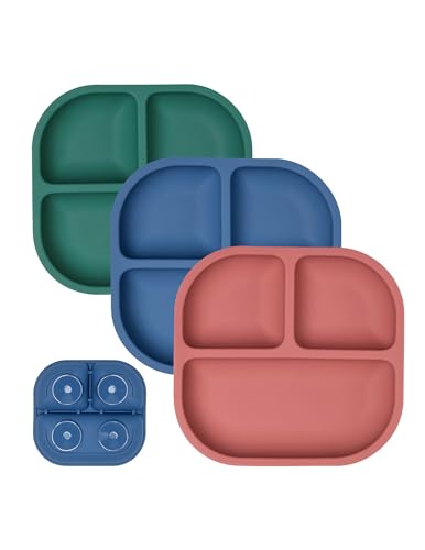 BABELIO Powerful Suction Plates for Baby and Toddler, 100% Food Grand Silicone, Divided, BPA Free, Microwave & Dishwasher Safe, Stay Put, 3 Pack