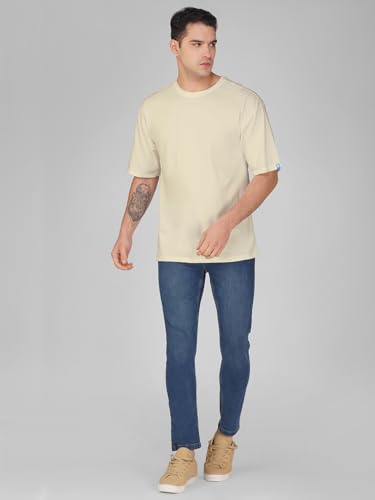 Image of crazymonk Oversized Baggy Fit Drop Shoulder Half Sleeves Round Neck Solid Pure Cotton T-Shirt for Men