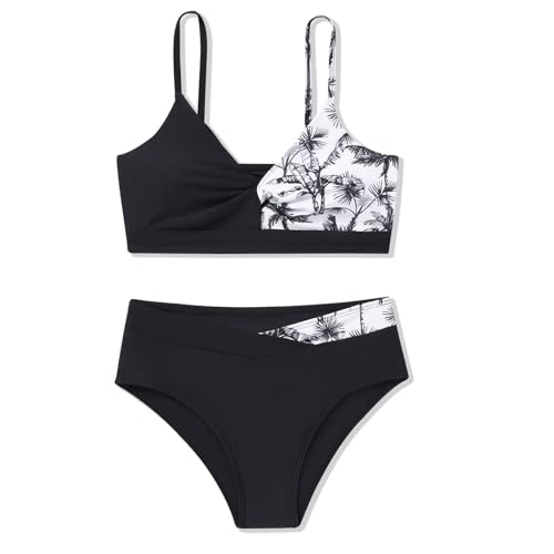 Bkixhv Girls 2 Piece Swimsuit Bikini Set Color Block Tropical Floral Bathing Suit Girls' Cute Swimwear