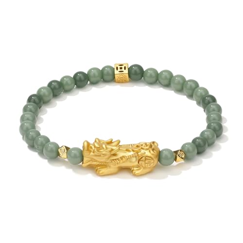 Feng Shui Jade Pixiu Bracelet - Adjustable Wealth Attracting Lucky Charm Bracelets, Natural Green Beads, Good Luck Pi Xiu Bracelet for Men & Women, Energy Protection Jewelry Gift (Dark Green)