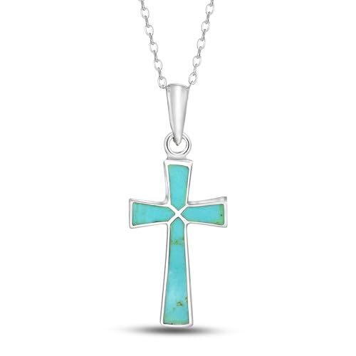 AeraVida Spiritual Minimalist Christian Cross Stone and Shell .925 Sterling Silver Pendant Necklace, 18 inch