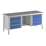  Etabli V B2000xT700 x H840mm Plaque universelle gris clair RAL 7035 bleu foncé RAL 5010 Nombre de tiroirs 6 étages