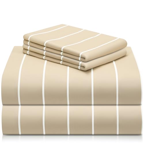 LuxClub 4 PC Queen Size Sheet Set, Breathable Luxury Bed Sheets, Deep Pockets 18' Wrinkle Free Cooling Machine Washable Hotel Bedding (Striped Cream)