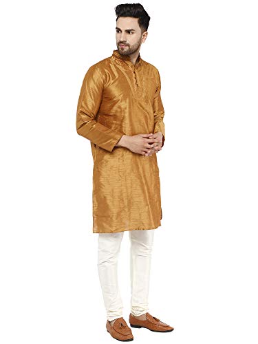 Image of SKAVIJ Men's Dupion Silk Embroidered Kurta Pajama Mandarin Collar Ethnic Motifs Festive Party Dress