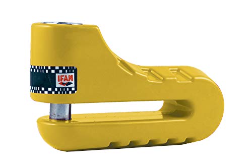 IFAM Antirrobo Freno Disco Moto DF3, 10mm Diámetro, Cerradura Automática, 2 Llaves Tubulares, Color Amarillo, Compacto y Seguro, Acero Endurecido, Ideal Motocicletas de Pequeña o Mediana Cilindrada