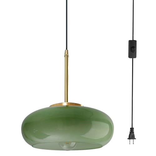 Image of Qufute Plug in Glass Hanging Lamp Mid Century Pendant Light Plug in Cord Milk Glass Dark Green Lamp Shade Golden Brass Plug in Pendant Light Fixtures Adjustable Pendant Lights Cord Dining Room