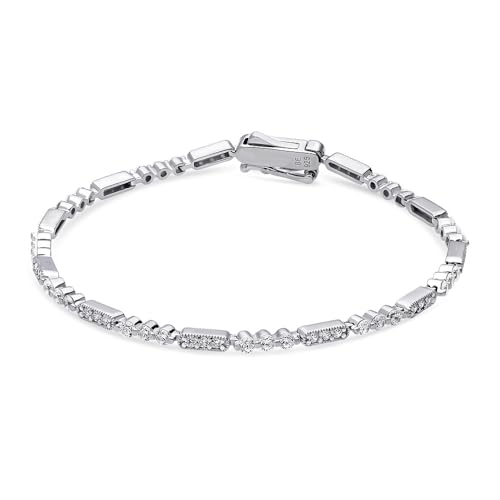 BERRICLE Sterling Silver Vintage Inspired Art Deco Cubic Zirconia CZ Milgrain Chain Bracelet for Women, Rhodium Plated2