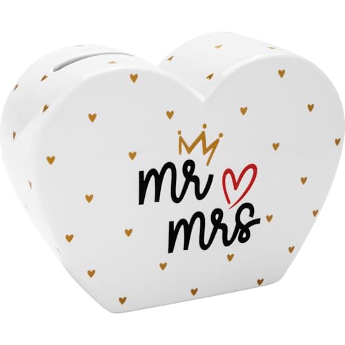 GRUSS & CO Hucha con diseño de Mr. & Mrs. | Hucha de Porcelana con Forma de corazón, 14 cm x 5,3 cm x 10,5 cm, Regalo de Boda, Regalo de Dinero para Boda | 73869
