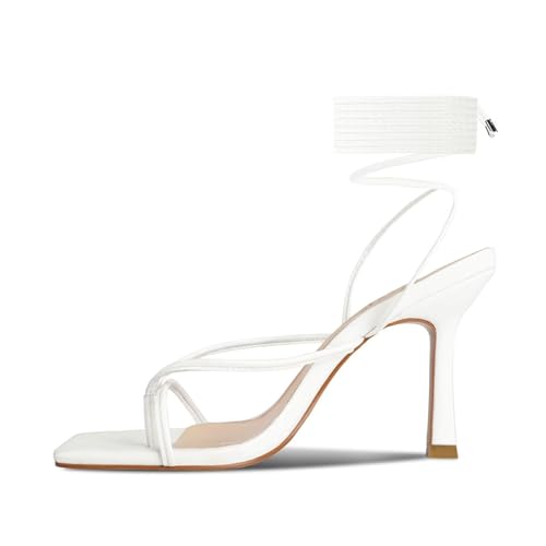 Image of ISNOM Lace Up Heels Sandals for Women - Square Open Toe, Stiletto High Heel