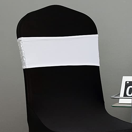 Gankar One-Side Sequins Chair Sashes Bows 100 Silver Chair Bands With Round Buckles, Sequin Spandex Stretch Chair Sash For Wedding Banquet Party Dining Chairs Decorations - Silver, 100Pcs #TOP2