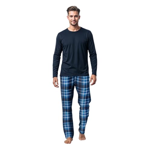 Style It Up Mens Long Sleeve Jersey Top Checked Brushed Cotton Flannel Bottoms Sleepwear Pajama Set Round Neck Warm Cosy Super Soft Adults Loungewear (BLUE XL)