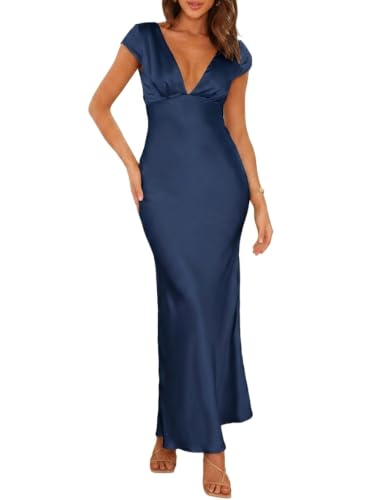 Image of Halfisland Womens Summer Satin V Neck Cap Sleeve Midi Dress Wedding Guest