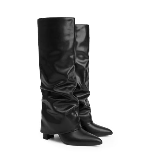 Image of Knee High Boots Women Fold Over Boots Chunky Heel Pointed Toe Tall Boots | Fashion Slouchy Boots,Side Zipper Shark Boots,Fall Spring Winter Fashion Dress Tall Boots,Evening Bridal office Long Boots