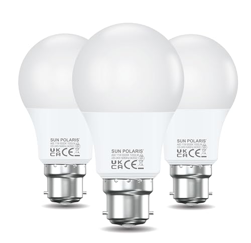SUN POLARIS Bayonet Led Light Bulb Daylight 6500k 75w Equivalent 11 watt Lightbulbs, 1050 Lumen Non Dimmable Energy Saving BC B22 Fitting Lightbulb, Extra Natural White Standard GLS Bulbs Pack of 3