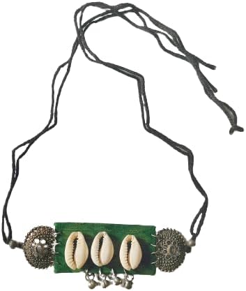 Indian/bohemian Style Oxidized Black Metal Necklace|Tribal Indian Silver Jewelry for Women/girls|Thread Dangling Pendant|Necklaces With Chakra Pendant| English Green Hansulika With Jute Shell Handart,