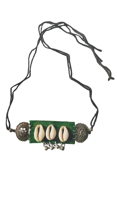 Indian/bohemian Style Oxidized Black Metal Necklace|Tribal Indian Silver Jewelry for Women/girls|Thread Dangling Pendant|Necklaces With Chakra Pendant| English Green Hansulika With Jute Shell Handart,