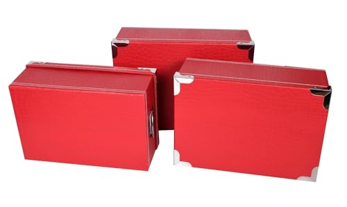 Lot De 3 Grande Boites de Rangement en Carton Rouge avec couvercle, Angles et Poignées en Métal....