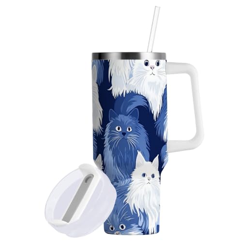 Vaso aislado al vacío de 40 onzas, tapa a prueba de fugas y pajita, diseño de gatos divertidos, blanco y azul, botella de agua grande, reutilizable, taza térmica de viaje para el hogar, la oficina y