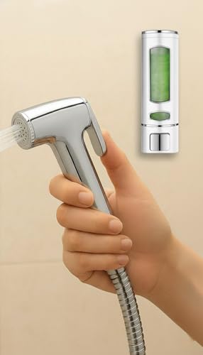 Image of ABS Health Faucet Chrome Finish Toilet Jet Spray Gun with 1m Hose & Wall Hook Leak Proof for Bathroom Hygiene | Includes 400ml Wall Mounted ABS Liquid Soap Dispenser for Bathroom & Kitchen (1 Set)