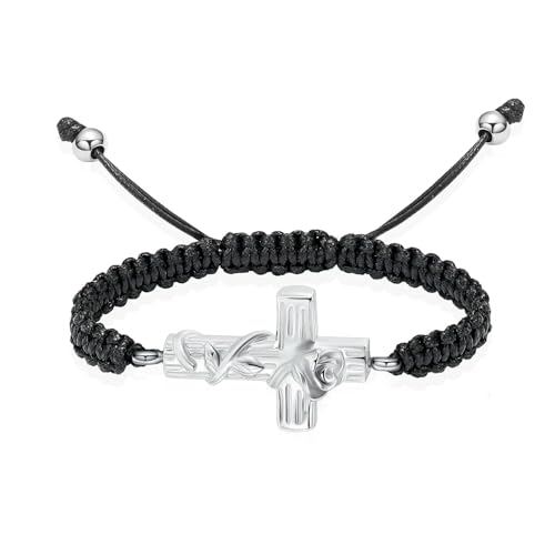 Bracelet urne de crémation croix en argent et acier inoxydable, bijou souvenir tressé