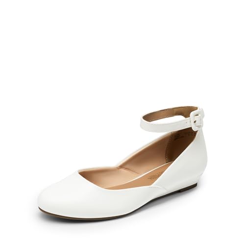 DREAM PAIRS Women's Dress Flats Ballet Low Wedge Round Toe Ankle Strap Comfortable Casual Flats Shoes 11 White Pu