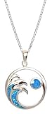 Sterling Silber synthetischer blau Opal Mond und Wave Halskette Anhänger mit 45,7 cm Box Kette