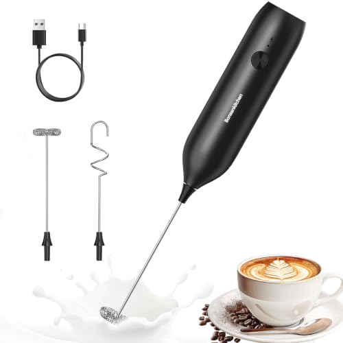 Image of Bonsenkitchen Rechargeable Milk Frother Handheld, Electric Foam Maker with Stainless Steel Whisk, Charging USB-C, Portable Hand Wand Drink Mixer for Coffee Matcha Lattes Cappuccino, Kitchen Gifts
