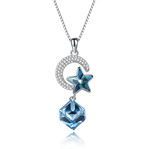 Collier lune bleu pour femme, double pendentif cristal idéal pour vos soirées