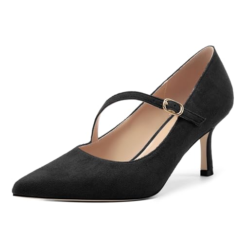Women's Pumps, Mary Jane Mid Heels for Women Pointed Toe Suede Slip On Adjuatable Strap Kitten Heels Office Work Dress Shoes 2.55 Inch