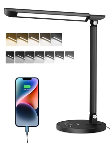 sympa Lámpara de escritorio LED regulable con 7 niveles de brillo, 5 temperaturas de color, puerto de carga USB, control táctil, función de memoria, lámpara de lectura/pie para casa y oficina, color