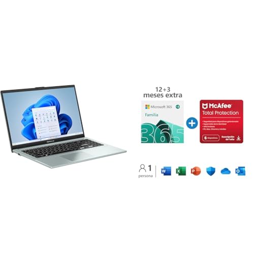 ASUS VivoBook Go 15.6' FHD, i3, 8GB RAM, 512GB SSD, Windows 11 S + Microsoft 365 Familia 15 Meses, 6 usuarios, McAfee Total Protection 12 Meses, 6 Dispositivos, PC/Mac/móvil