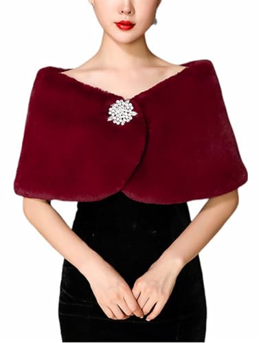 BESTORI Chal de Piel Sintética Invierno Estola de Pelo Mujer Bolero para Fiesta Novia Bodas Borgoña 1