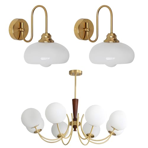 KCO Lighting Set of 2 Brushed Brass Bedroom Wall Lighting Milk Glass Wall Light Industrial Wall Lamp 8 Light Gold Chandeliers Mid Century Modern Globe Chandelier