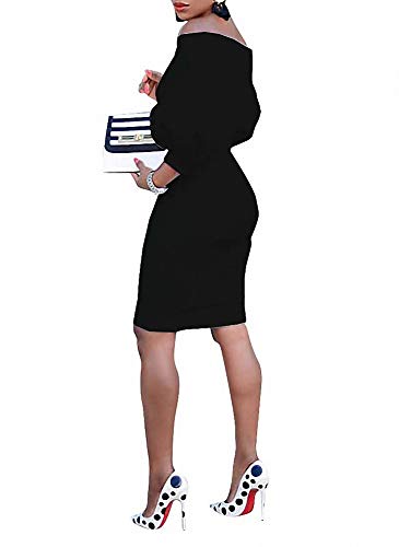 Ophestin Women Puff 3/4 Sleeve Off The Shoulder Bodycon Knee Length Party Pencil Midi Dress Black Xl #TOP1
