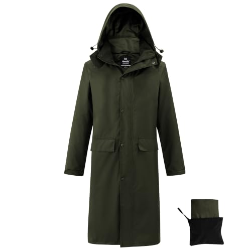 Image of Wantdo Long Rain Coats for Men Waterproof Rain Jacket with Hood | Mens Trench Rain Coat for Outdoor Work, Fishing, Hiking, Fully Taped Seams, Detachable Hood, Flap Pockets with Packable Bag