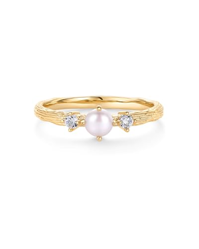 PAVOI 14K Gold Plated Pearl Hammered Ring for Women | Dainty Elegant Stackable Cubic Zirconia Thin Band for Women3