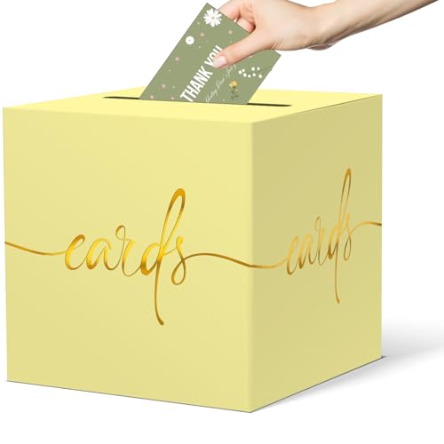Image of Light Yellow Card Box with Gold Foil Design, Paperboard 8.7 inch Card Box for Birthday Wedding Party Graduation Retirement Anniversary Valentine's Day & Baby Showers, Raffle or Money Box