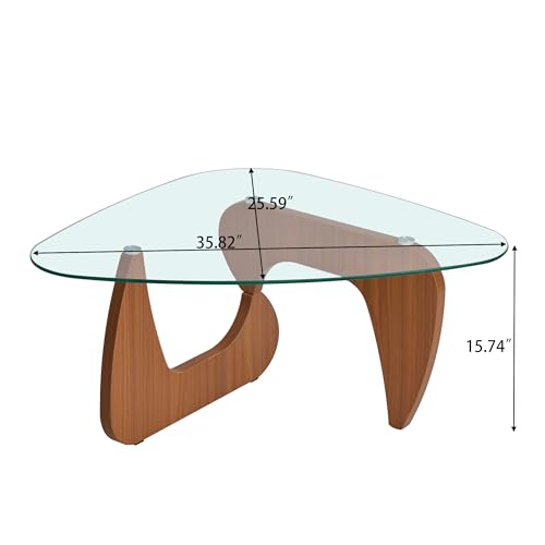 Image of 35.8 inch Glass Coffee Table, Modern Coffee Tables for Living Room, Organic Round Coffee Table with Clear Tempered Glass Top and Walnut Finish Wood Base, Small Center Table, Mesa de Centro para Sala