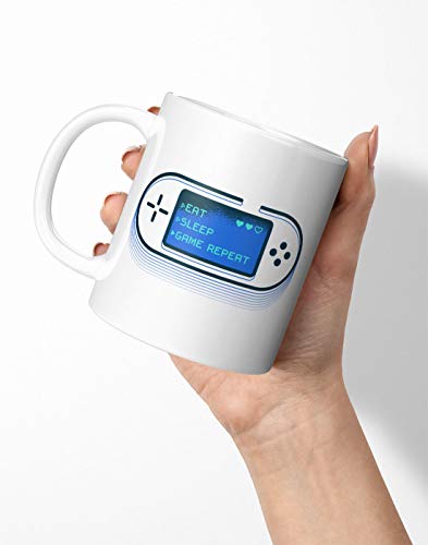 BLAK TEE Retro Controller Slogan Eat Sleep Game Repeat Porcelain Coffee and Tea Mug 330 ml