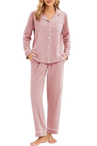 Image of LUBOT Women's Pajamas Set Cotton PJ Set for Women Long Sleeve Button-Down Shirt PJ Pants Two-piece Set Warm Night Suit Sleepwear Loungewear (Ash Pink, L)