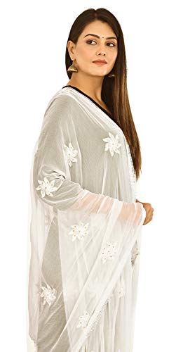 Image of YOUTHQUAKE Flower Embroidered Diamond Work Chiffon Dupatta for Womens & Girls With 4 Side Lace