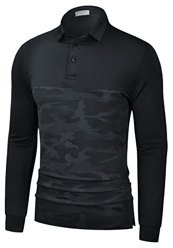 Derminpro Men s Casual Polo Shirts Breathable Long Sleeve Performance Golf Shirts Black Camo X-Large
