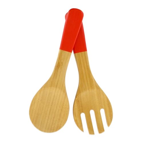 Fackelmann 30189 Couverts à salade en bambou env 23 cm, Brun et Rouge